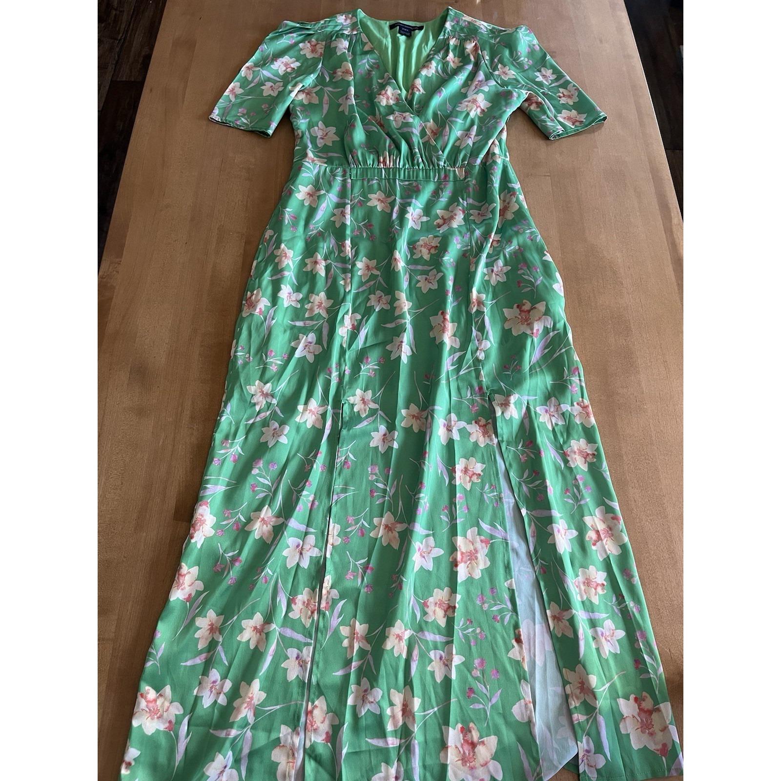 French Connection Women's Green Floral Dress Sz 4 Pockets Lined Maxi Slits
